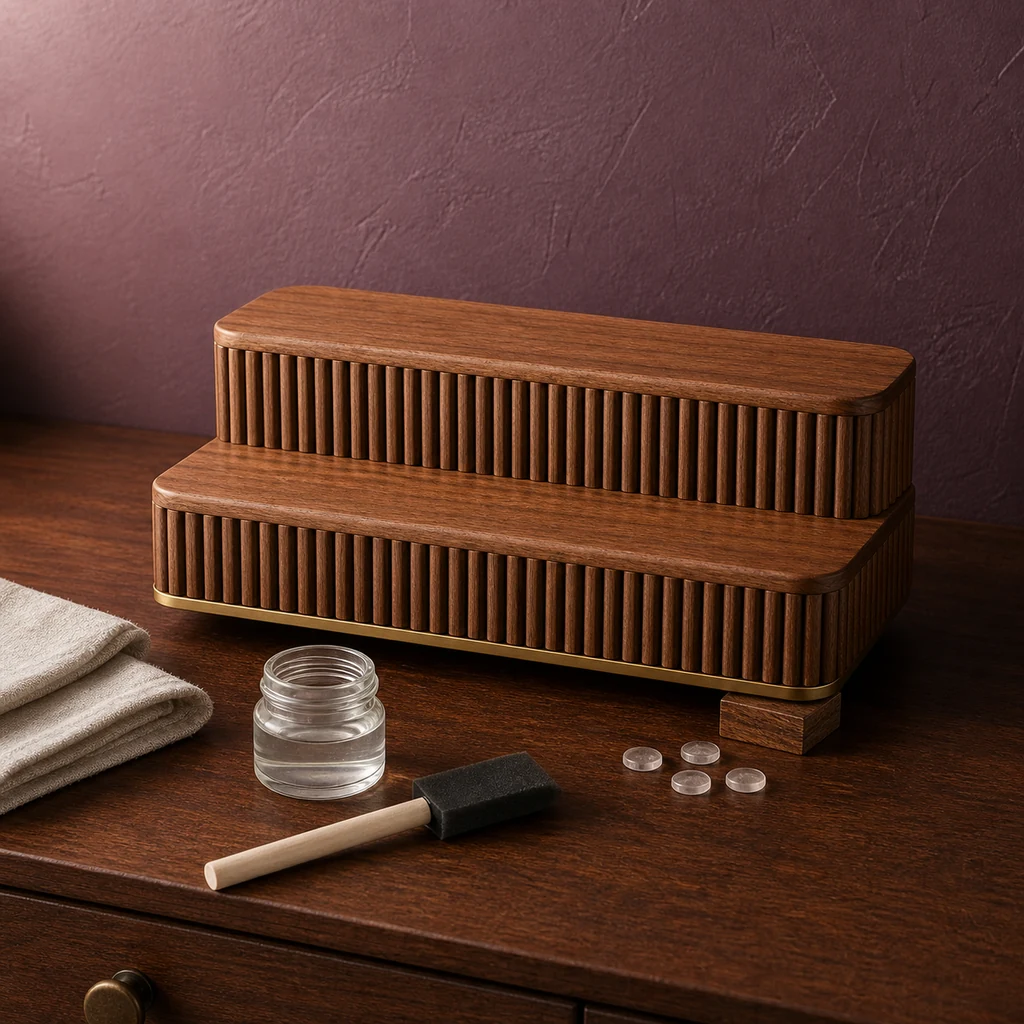 Finish a walnut perfume stand with brass trim