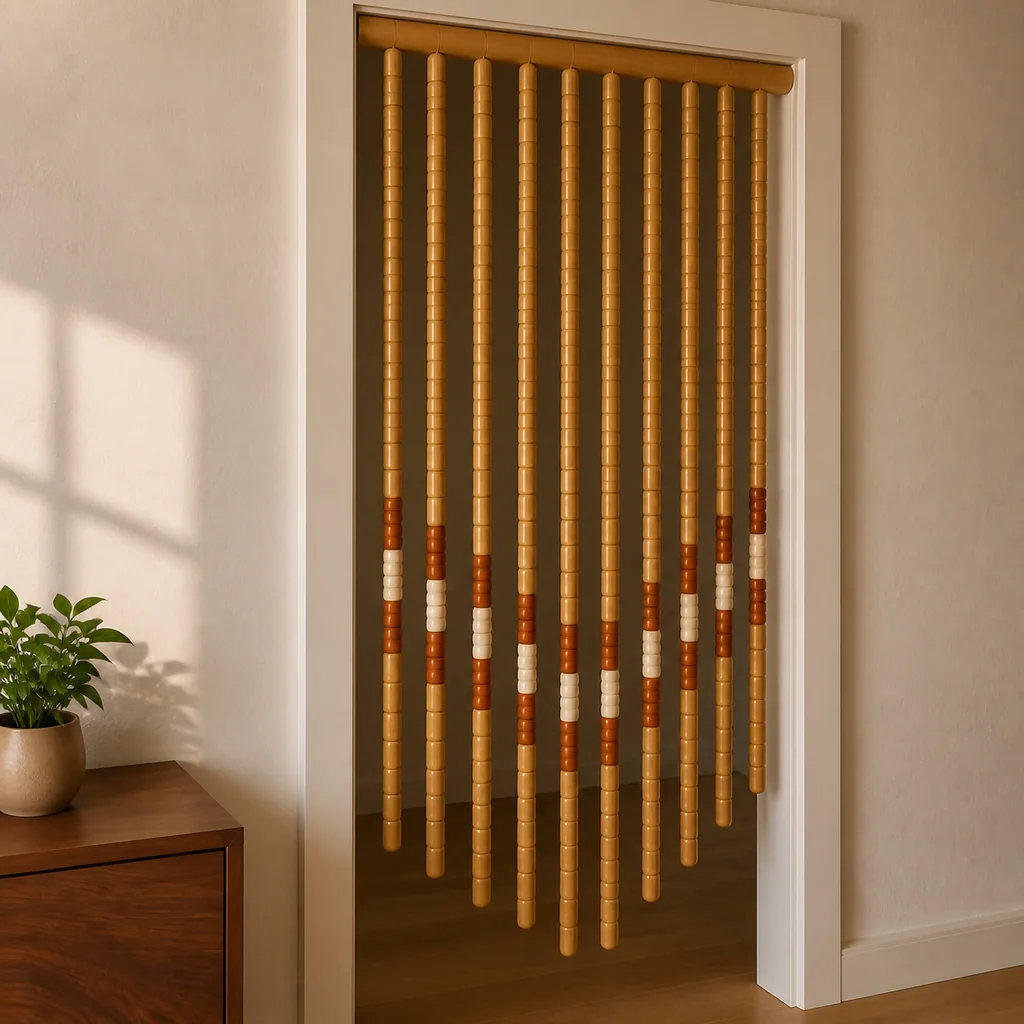 Close view of the completed bamboo beaded doorway curtain mounted in a warm ivory doorway.