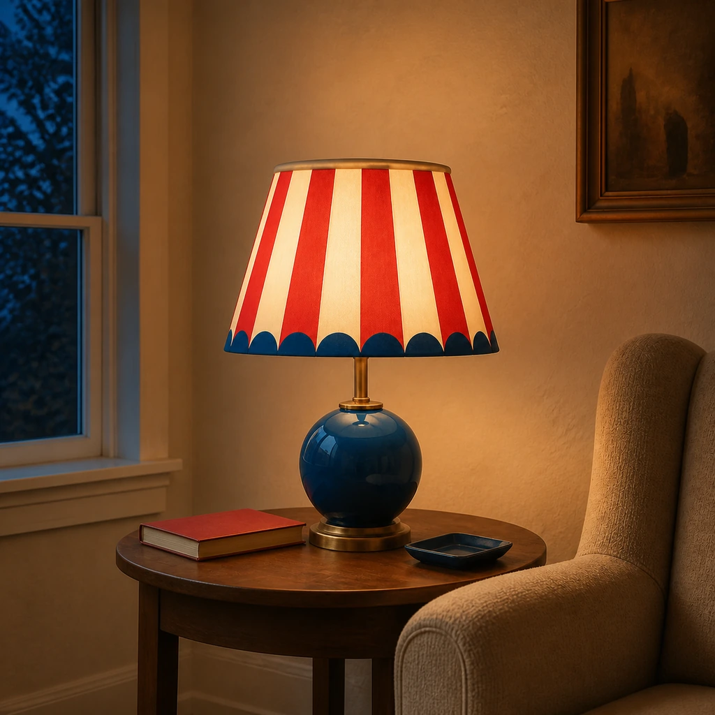 Illuminated DIY circus lampshade styled on a brass table lamp
