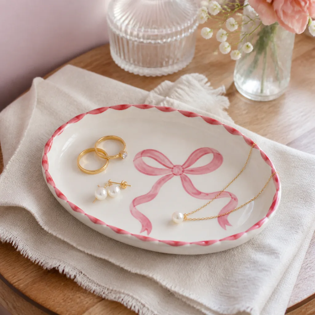 Finished hand-painted bow trinket dish styled with gold rings, pearl earrings, and a delicate necklace.