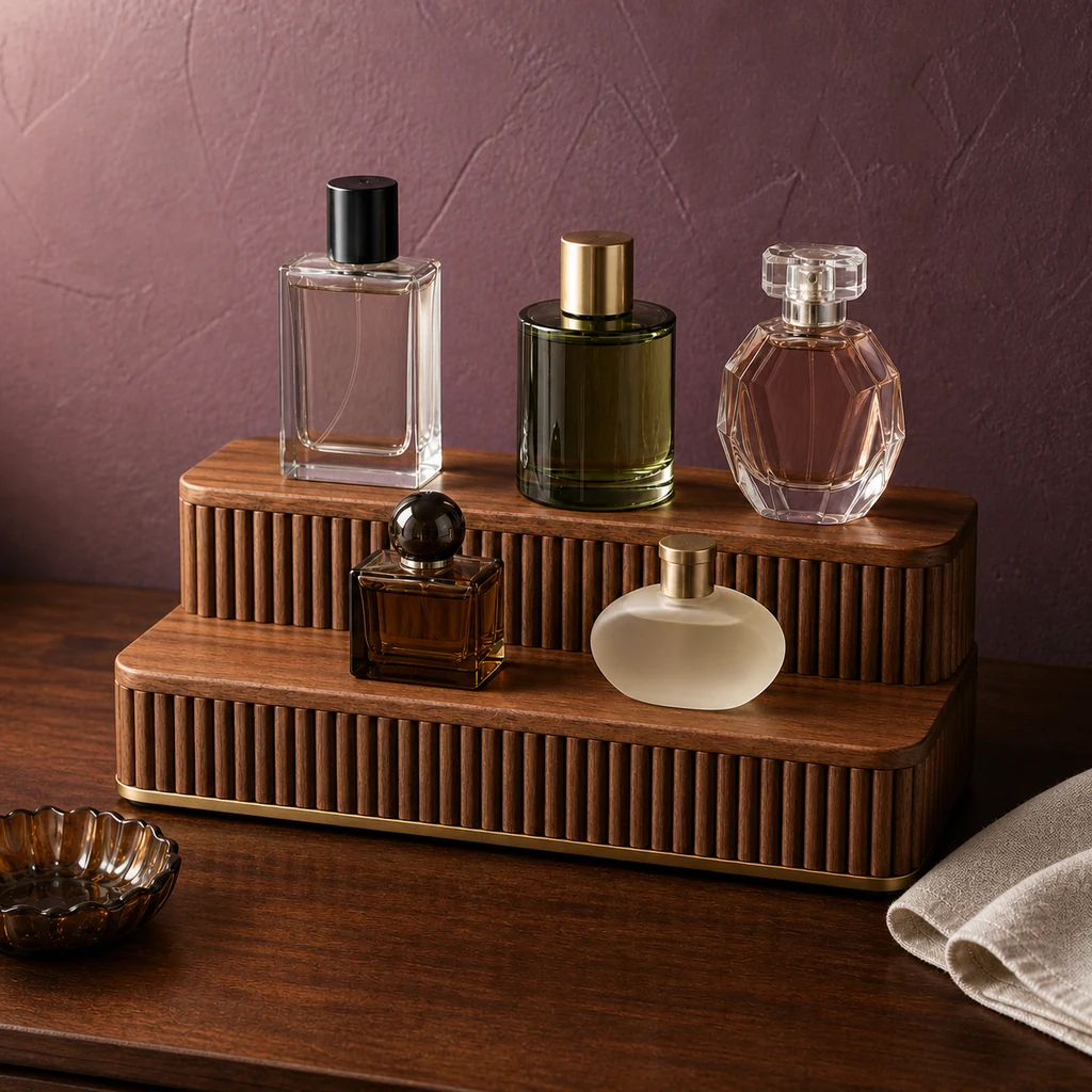 Finished fluted perfume organizer with five bottles