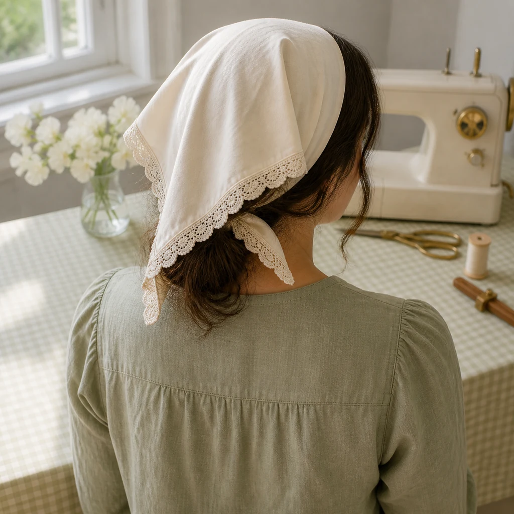 Finished lace-trimmed bandana styled as a headscarf