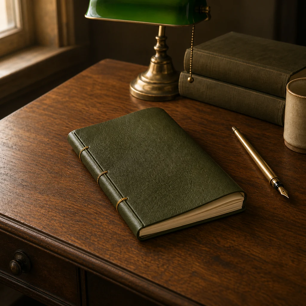 Finished olive leather poetry journal with gold stitching