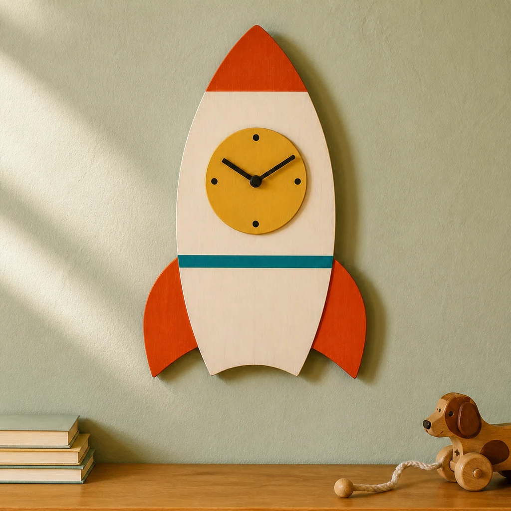 Finished retro rocket wall clock mounted safely