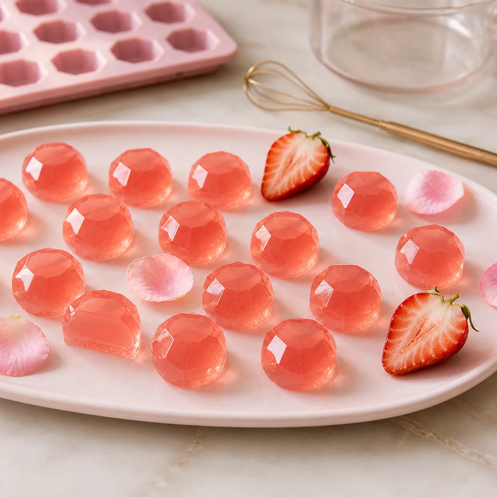 Finished strawberry rose jelly candies with a cut candy