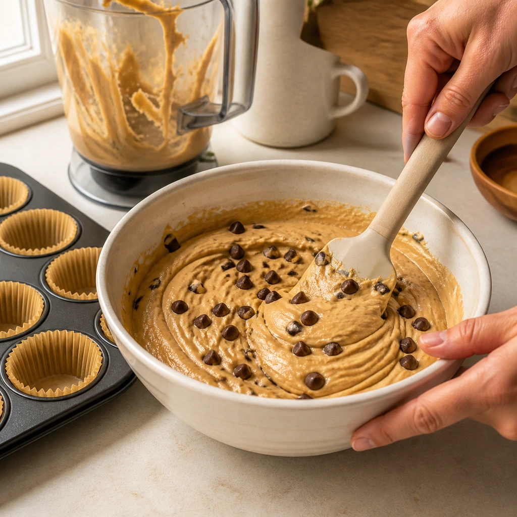 Dark chocolate chips folded by hand into thick peanut butter batter