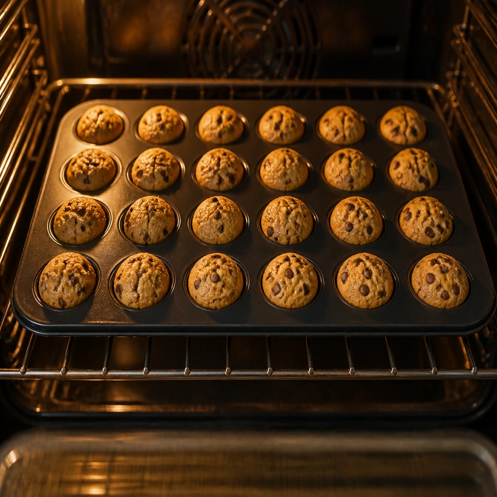 Exactly twenty-four peanut butter chocolate chip mini muffins baking in a four by six tin