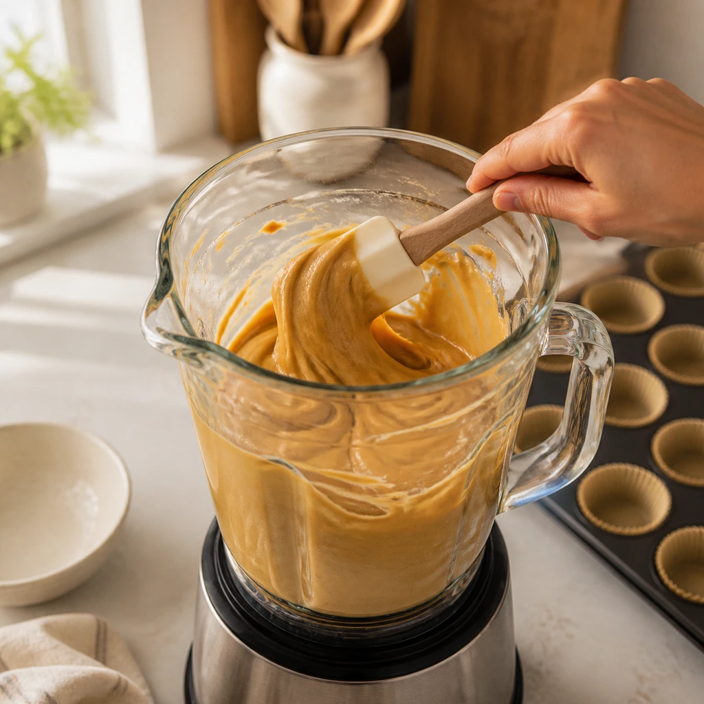 Smooth peanut butter muffin batter in a clear blender