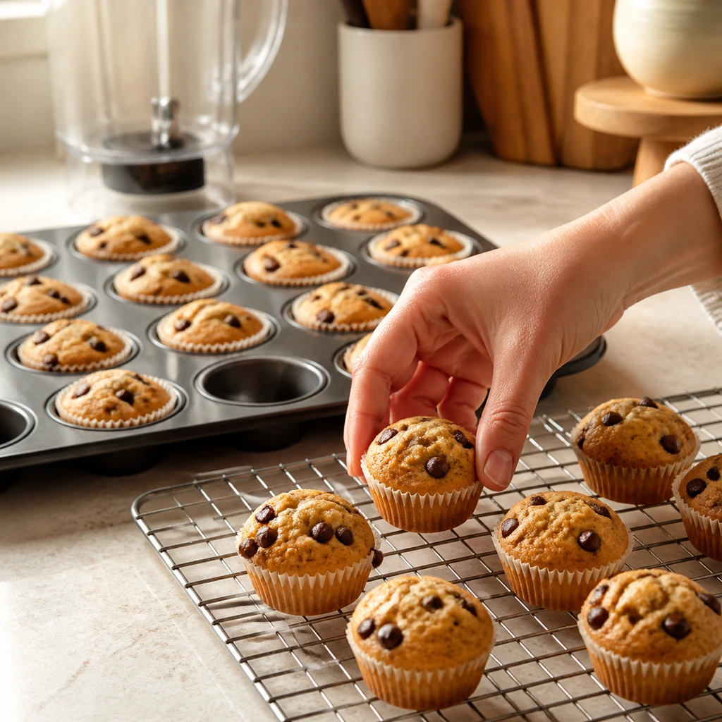 Fresh mini muffins moving from the tin to a wire cooling rack