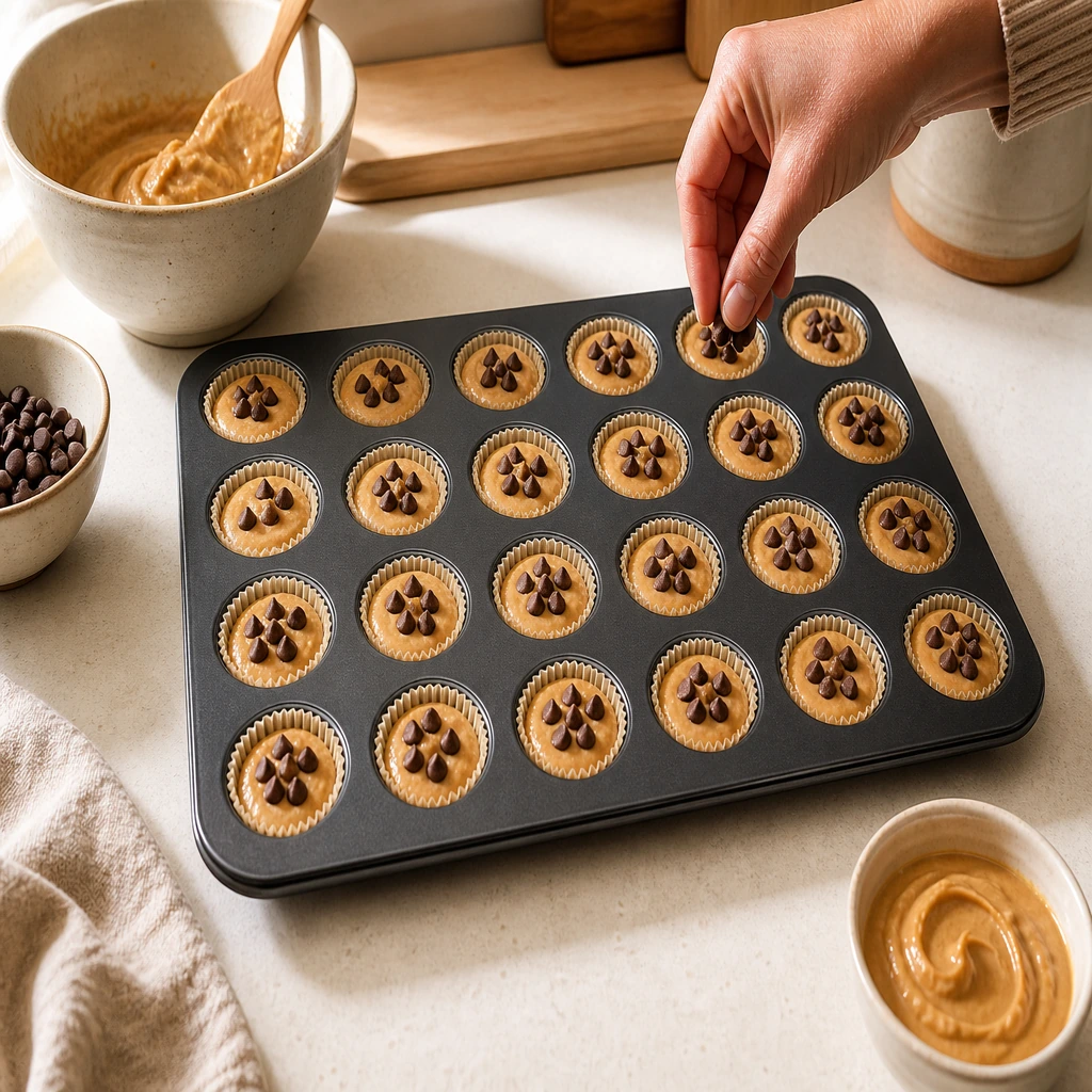 Exactly twenty-four lined mini muffin cups filled three-quarters full and topped with chocolate chips