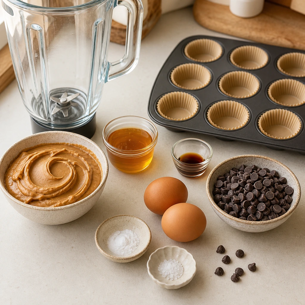 Peanut butter two eggs honey vanilla baking soda salt and chocolate chips beside a blender
