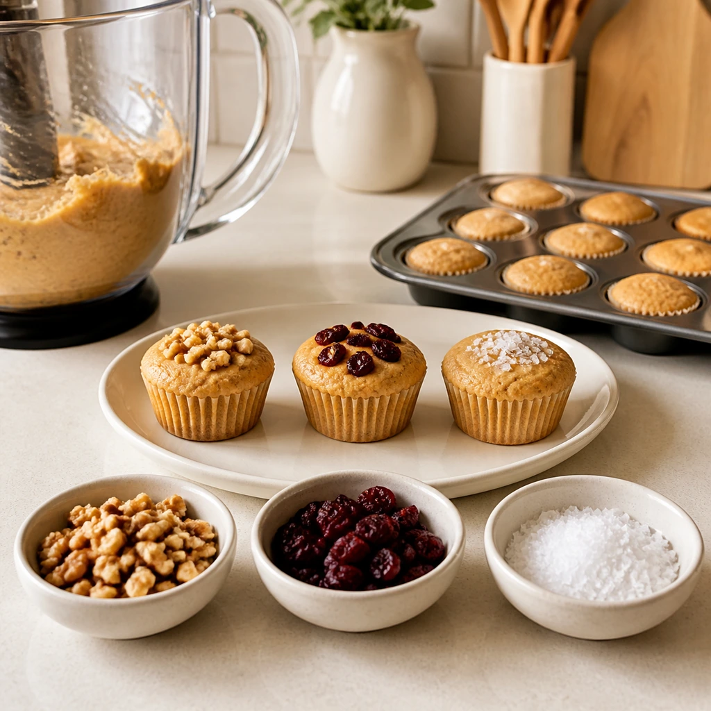 Mini muffins topped separately with walnuts dried cranberries and flaky sea salt