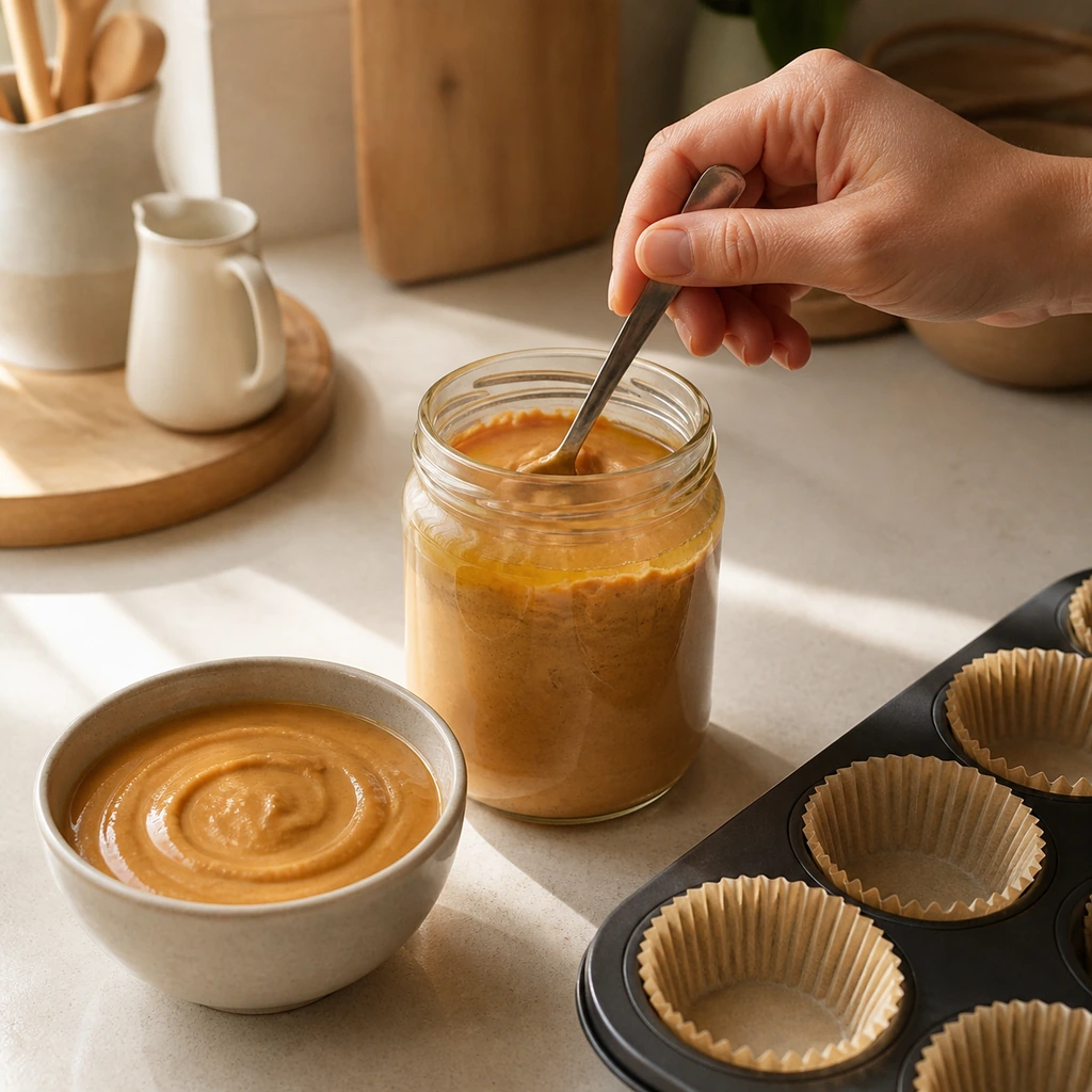 Natural peanut butter being stirred in a clear unlabeled jar