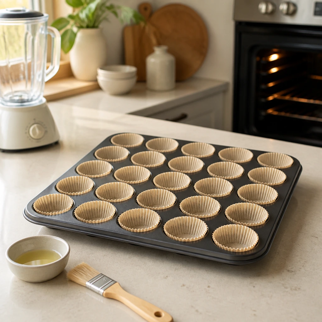 Lined mini muffin tin ready beside a preheated oven