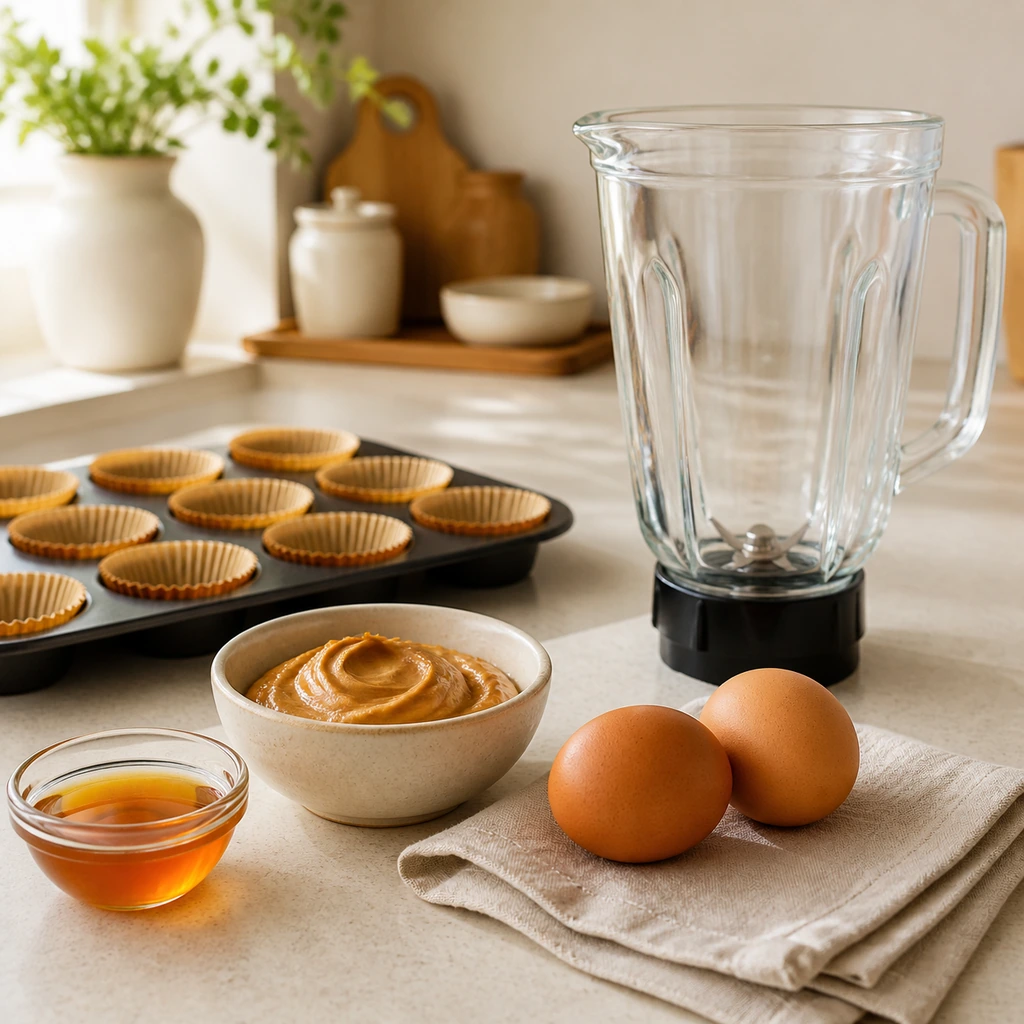 Exactly two room-temperature eggs beside peanut butter honey and an empty blender