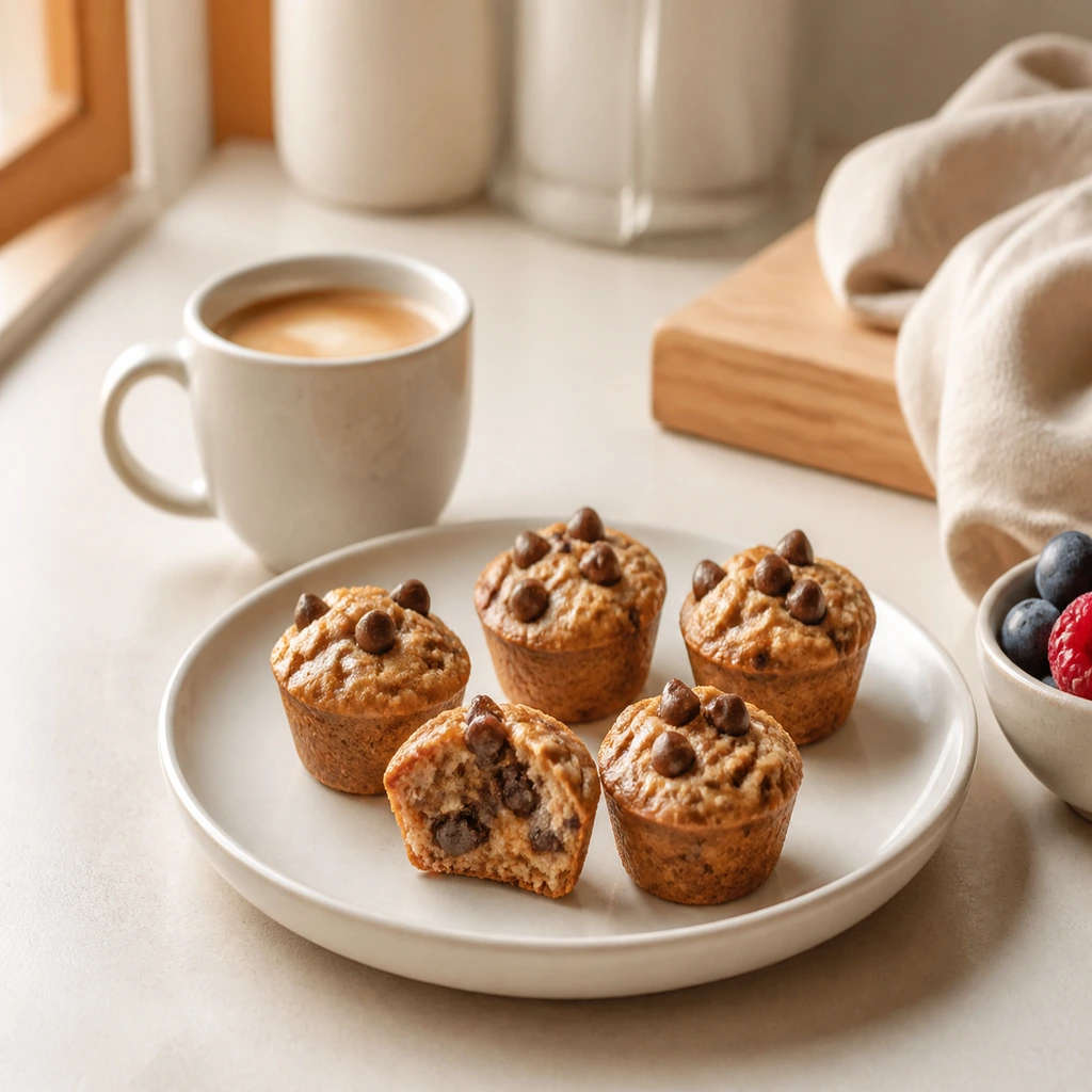 Five flourless peanut butter chocolate chip mini muffins served with coffee and berries