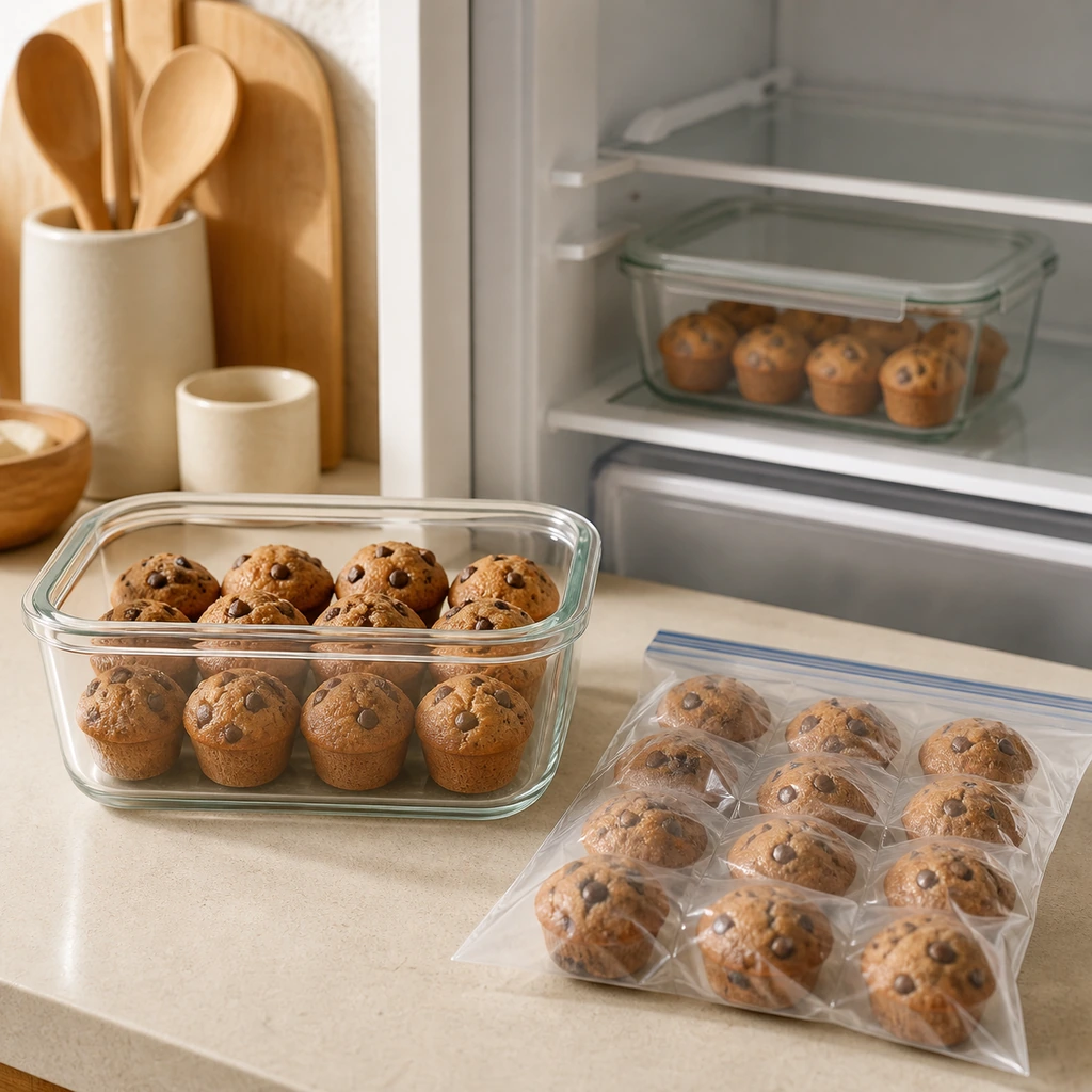 Mini muffins stored in airtight counter refrigerator and freezer containers