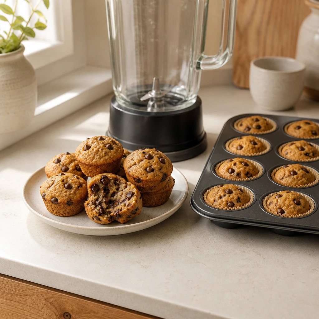 Flourless peanut butter chocolate chip mini muffins served beside a blender and mini muffin tin