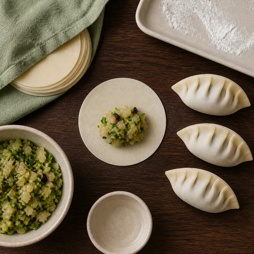 Cooled cabbage filling on an ivory wrapper beside raw half-moon dumplings with five pleats.