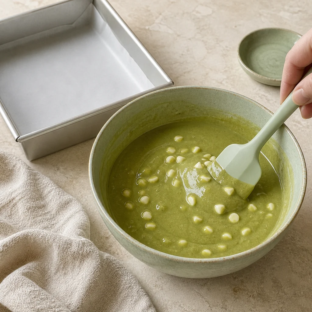 White chocolate chips folded into smooth jade-green matcha mochi batter.