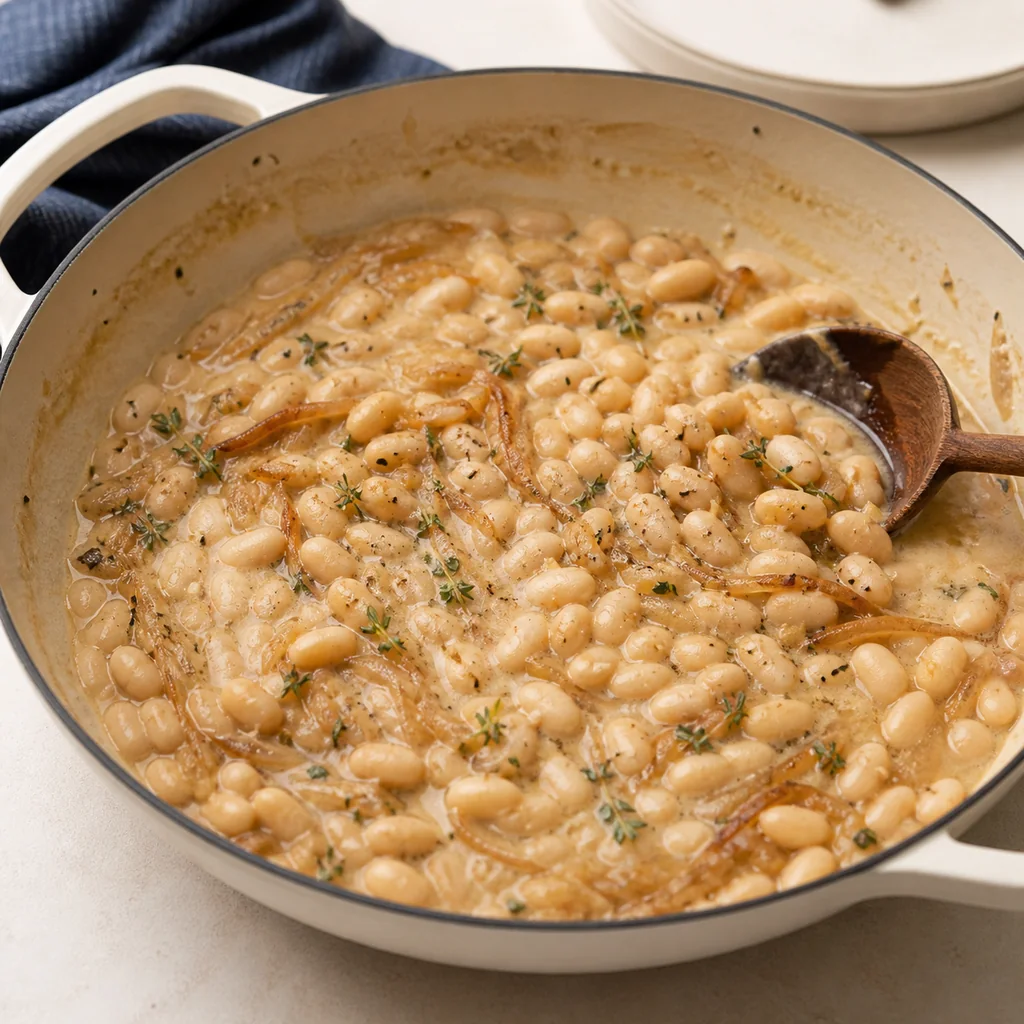 White beans simmering with caramelized onions and thyme in a creamy sauce