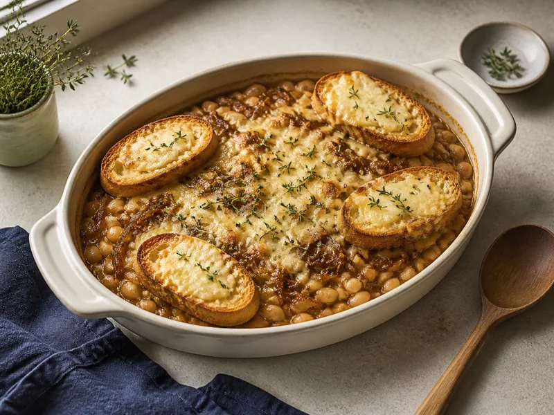 French onion white bean bake with four gruyere toasts in a cream ceramic dish