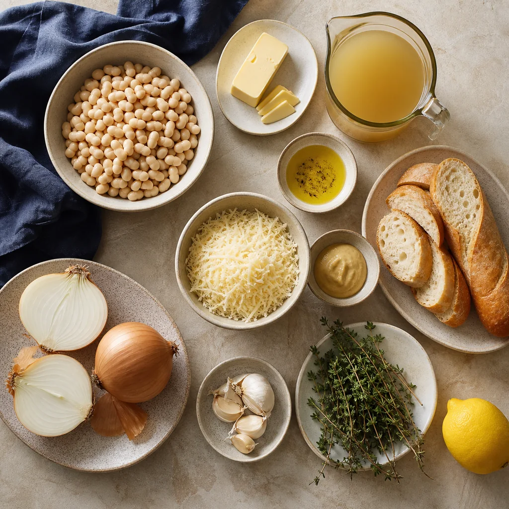 Ingredients for French onion white bean bake arranged on a stone counter
