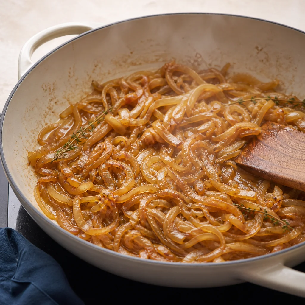 Golden caramelized onions with thyme in a cream skillet