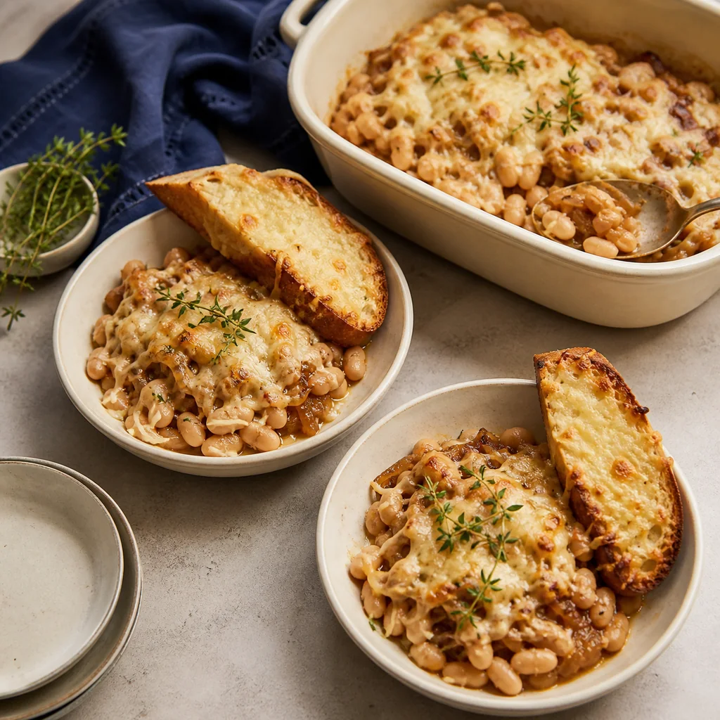 French onion white bean bake served in two cream bowls with gruyere toasts