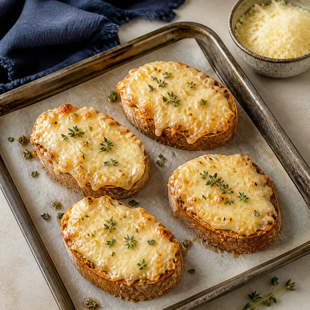Four gruyere baguette toasts on a parchment-lined sheet pan