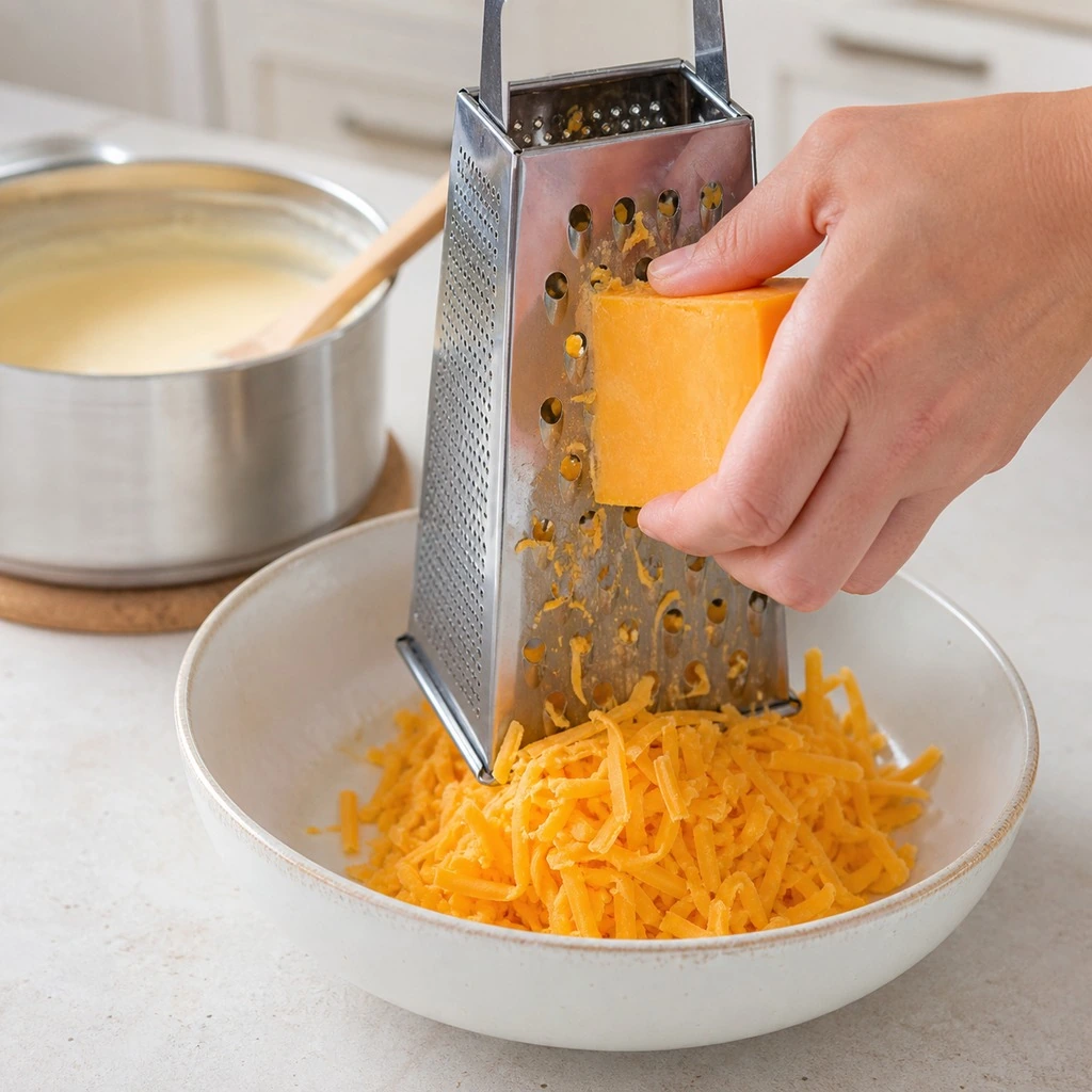 Cheddar freshly grated with a box grater for a smoother cheese sauce