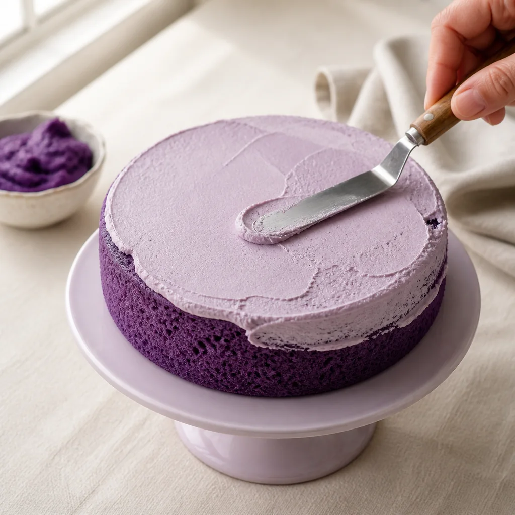 A thin pale-lavender cream cheese frosting being spread over a deep violet ube cake.