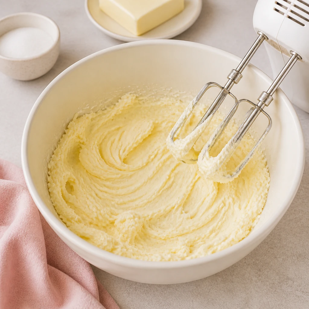 Butter and sugar creamed until pale and fluffy