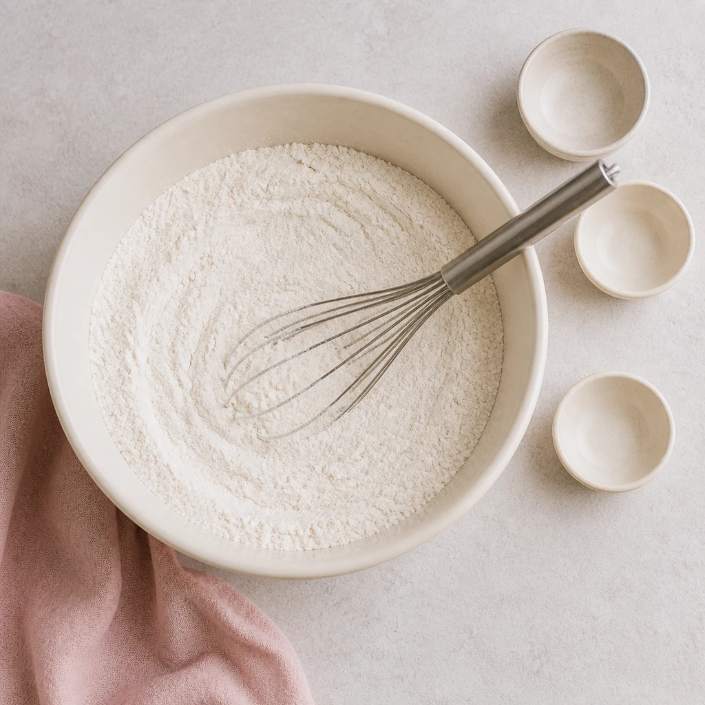 Dry ingredients whisked together for sugar cookie cake
