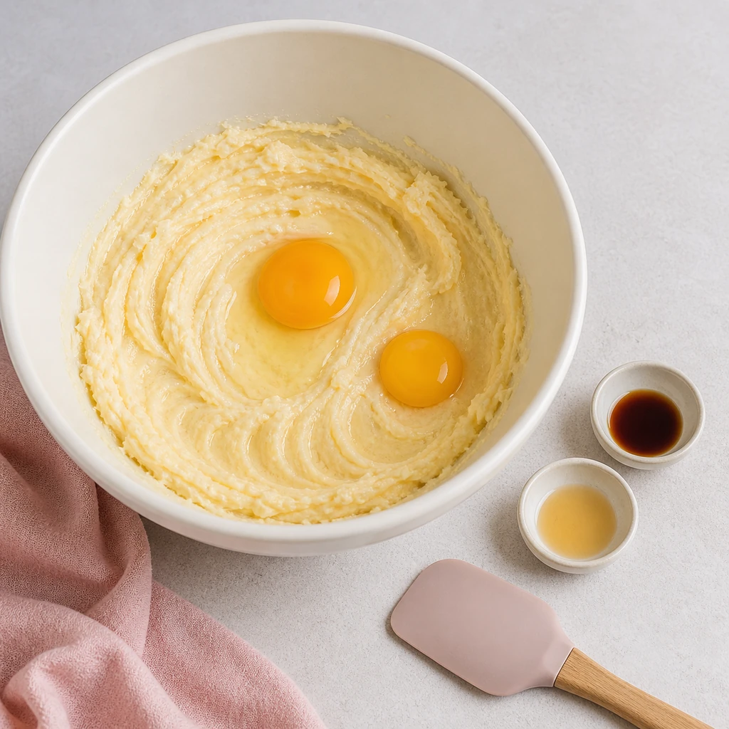 Egg, egg yolk, vanilla, and almond extract added to creamed butter