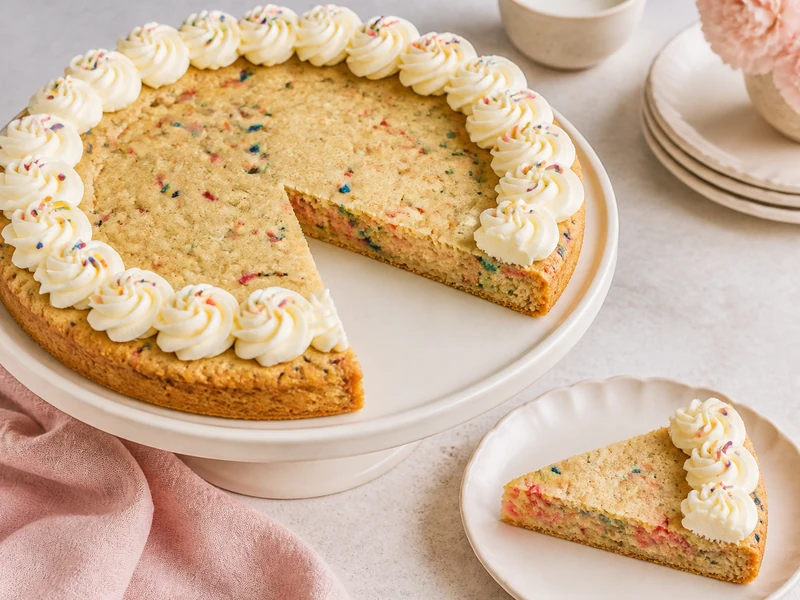 Funfetti sugar cookie cake with vanilla buttercream rosettes