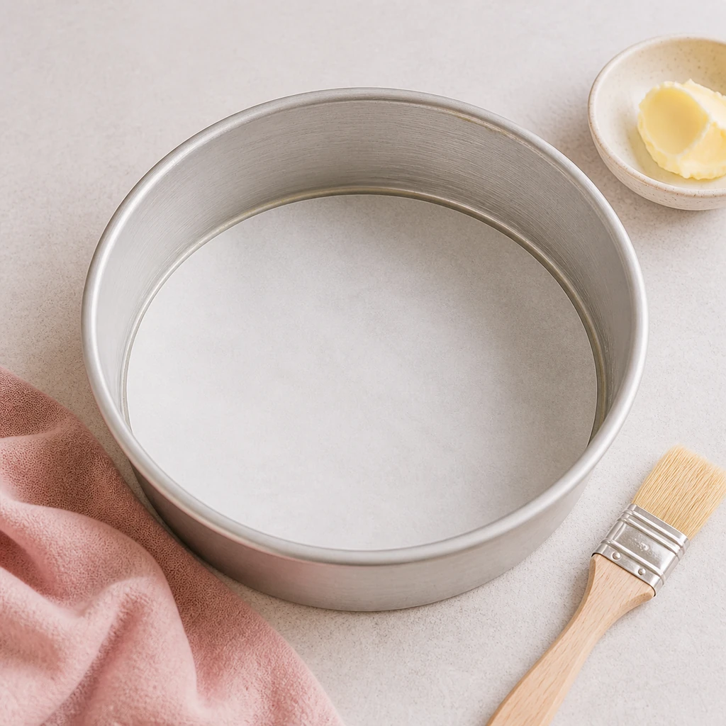 Greased round cake pan lined with parchment paper