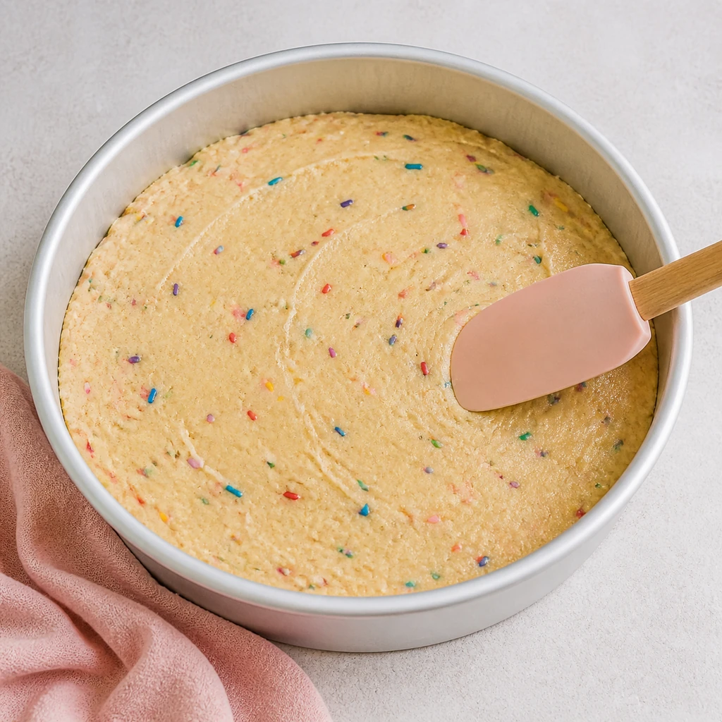 Funfetti cookie dough pressed evenly into a round pan