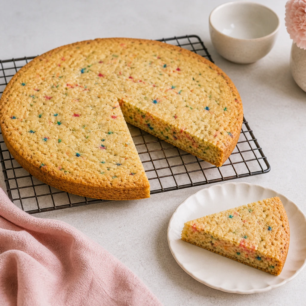 Baked Funfetti sugar cookie cake cooling with one slice served