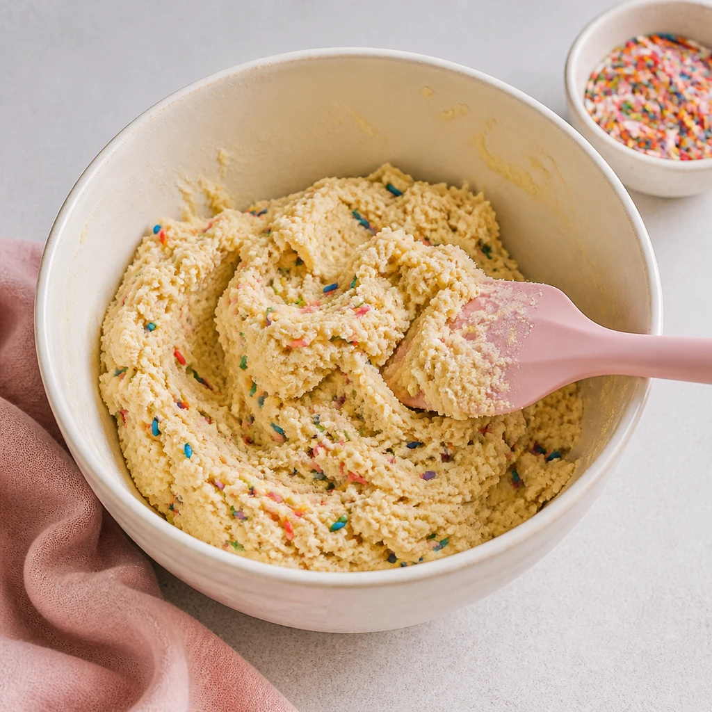 Rainbow jimmies folded into thick sugar cookie dough