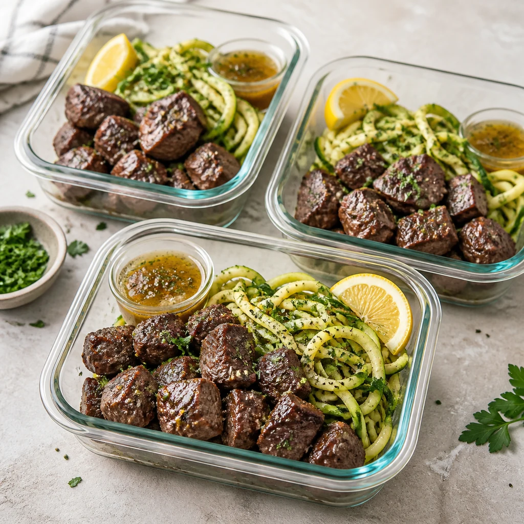 Meal prep containers being filled with garlic butter steak bites and zucchini noodles