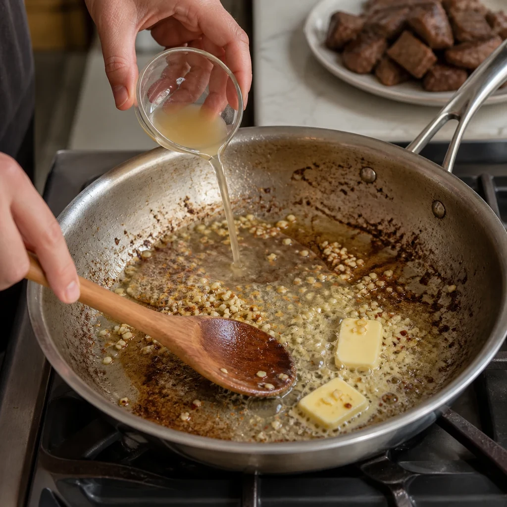 Garlic butter sauce being built with broth lemon and browned pan fond