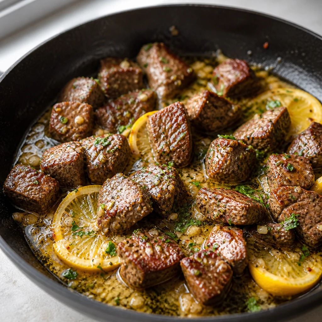 Garlic butter sauce melting around browned steak bites with herbs
