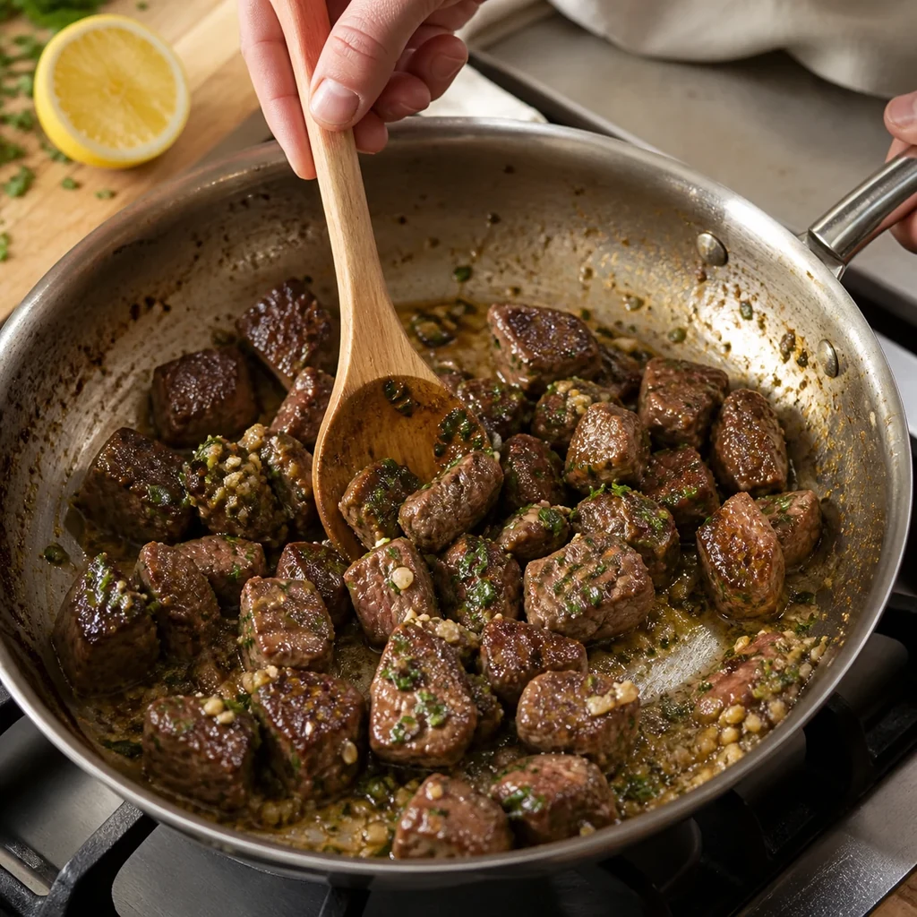 Browned steak bites being tossed in glossy garlic butter with parsley and lemon