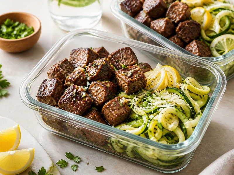 Garlic butter steak bites with zucchini noodles in meal prep bowls with lemon parsley and pepper