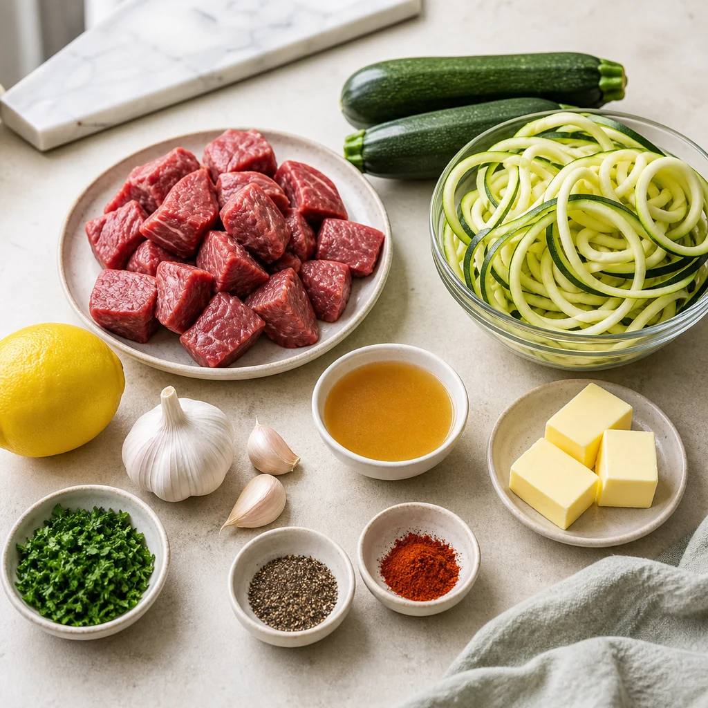 Ingredients for garlic butter steak bites and zucchini noodles arranged on a kitchen counter