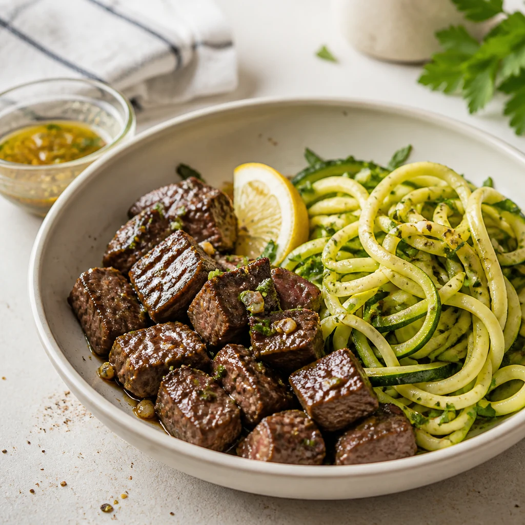 Garlic butter steak bites with zucchini noodles in a low carb dinner bowl with lemon parsley and sauce