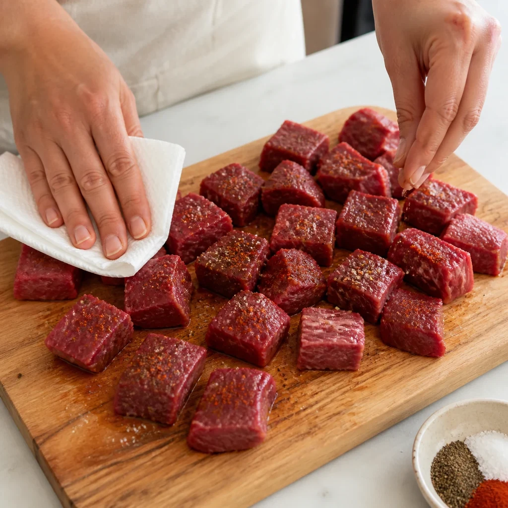 Raw sirloin cubes being dried and seasoned with salt pepper and smoked paprika