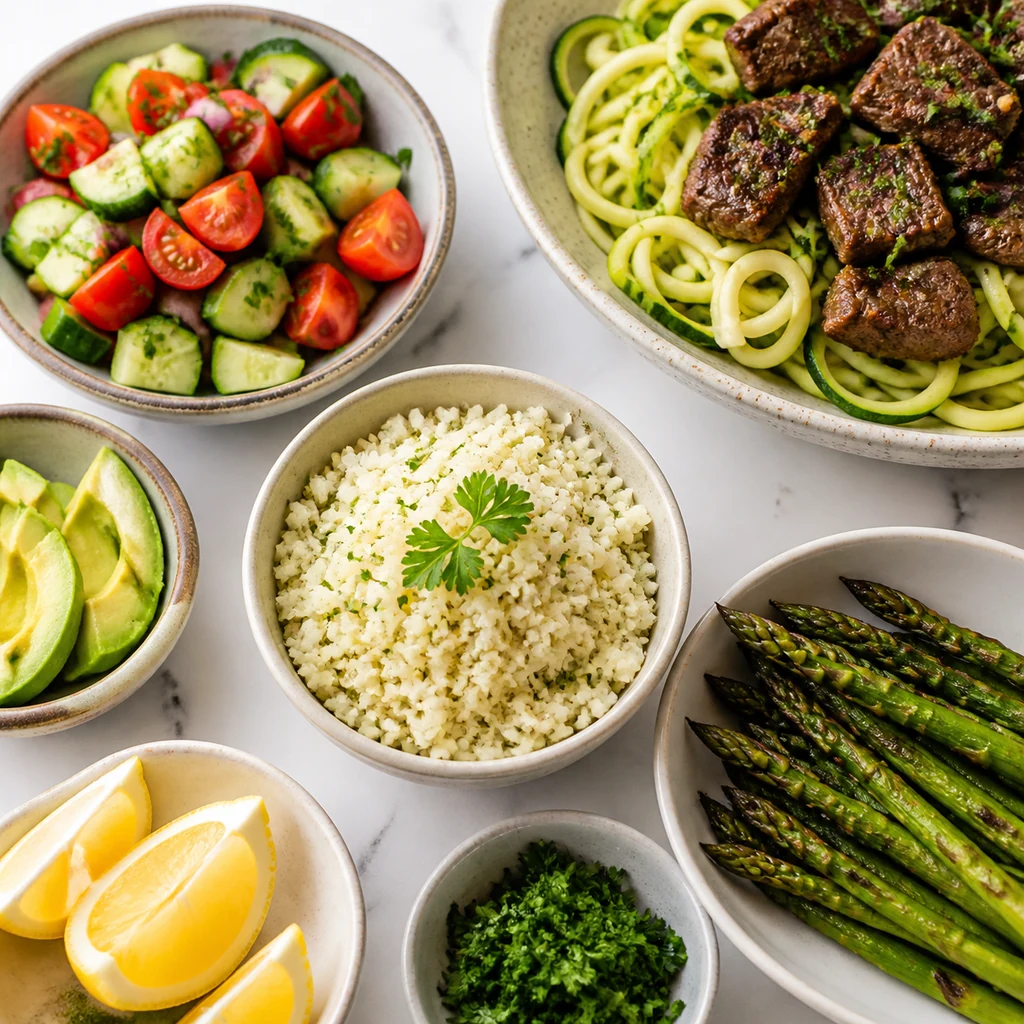 Side dishes for steak bites and zucchini noodles with salad tomatoes avocado and cauliflower rice