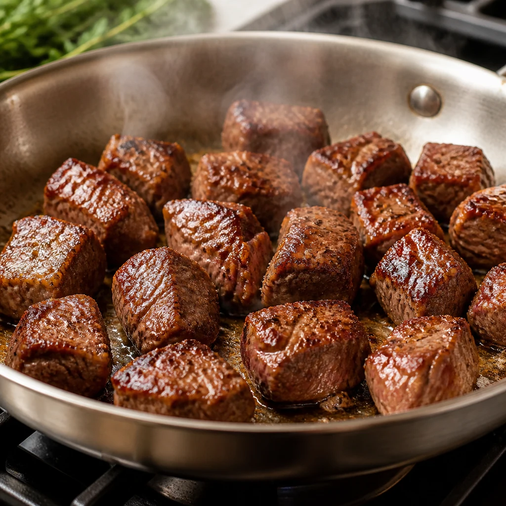 Steak cubes searing in a skillet for garlic butter steak bites